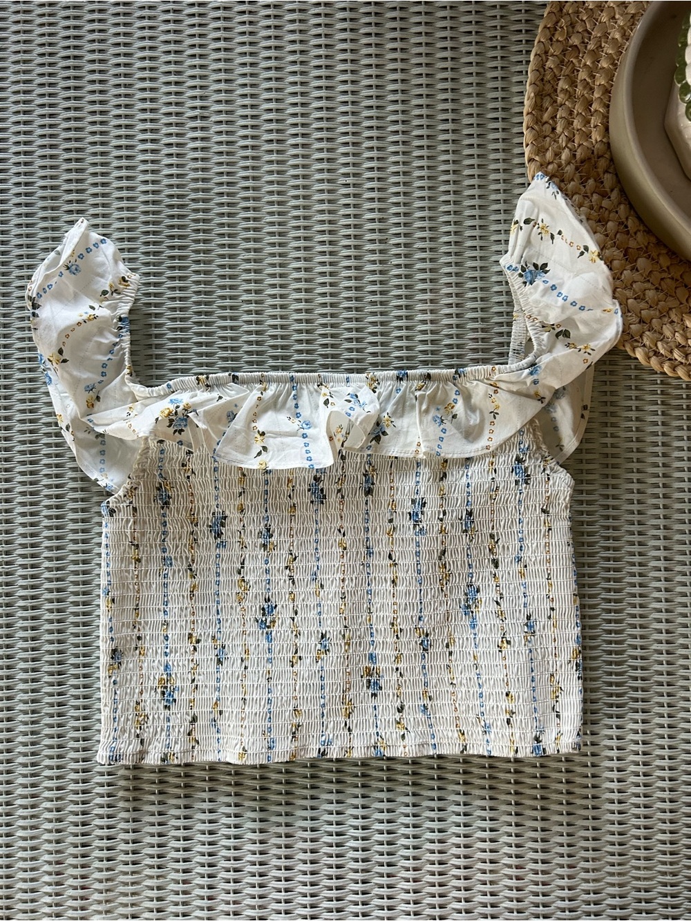 wild fable White Floral Smocked Ruffle Crop Top with Blue and Yellow Accents